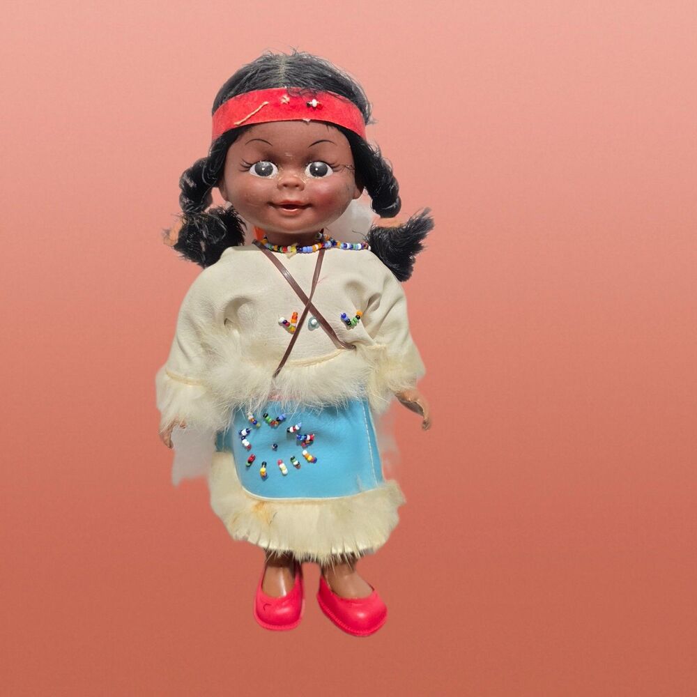 Vtg Native American Doll Holing Baby  Vynyl Hard Plastic Leather Fur Accent suit